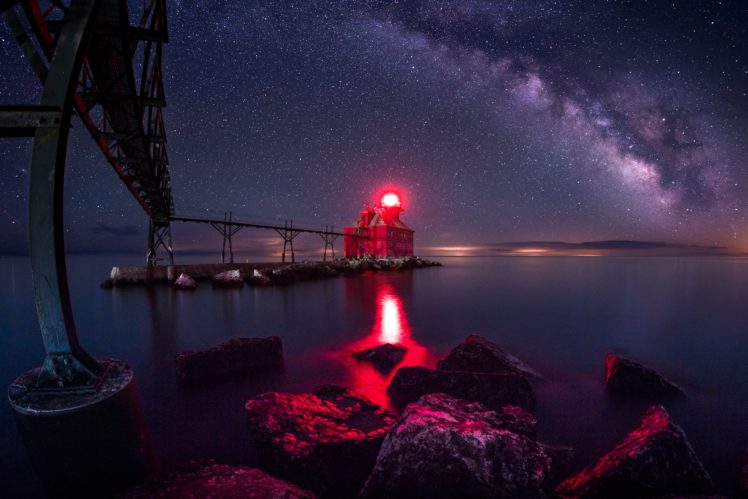 Wisconsin, Sturgeon Bay, Night, Water, Lights, Stars, Sky HD Wallpaper Desktop Background