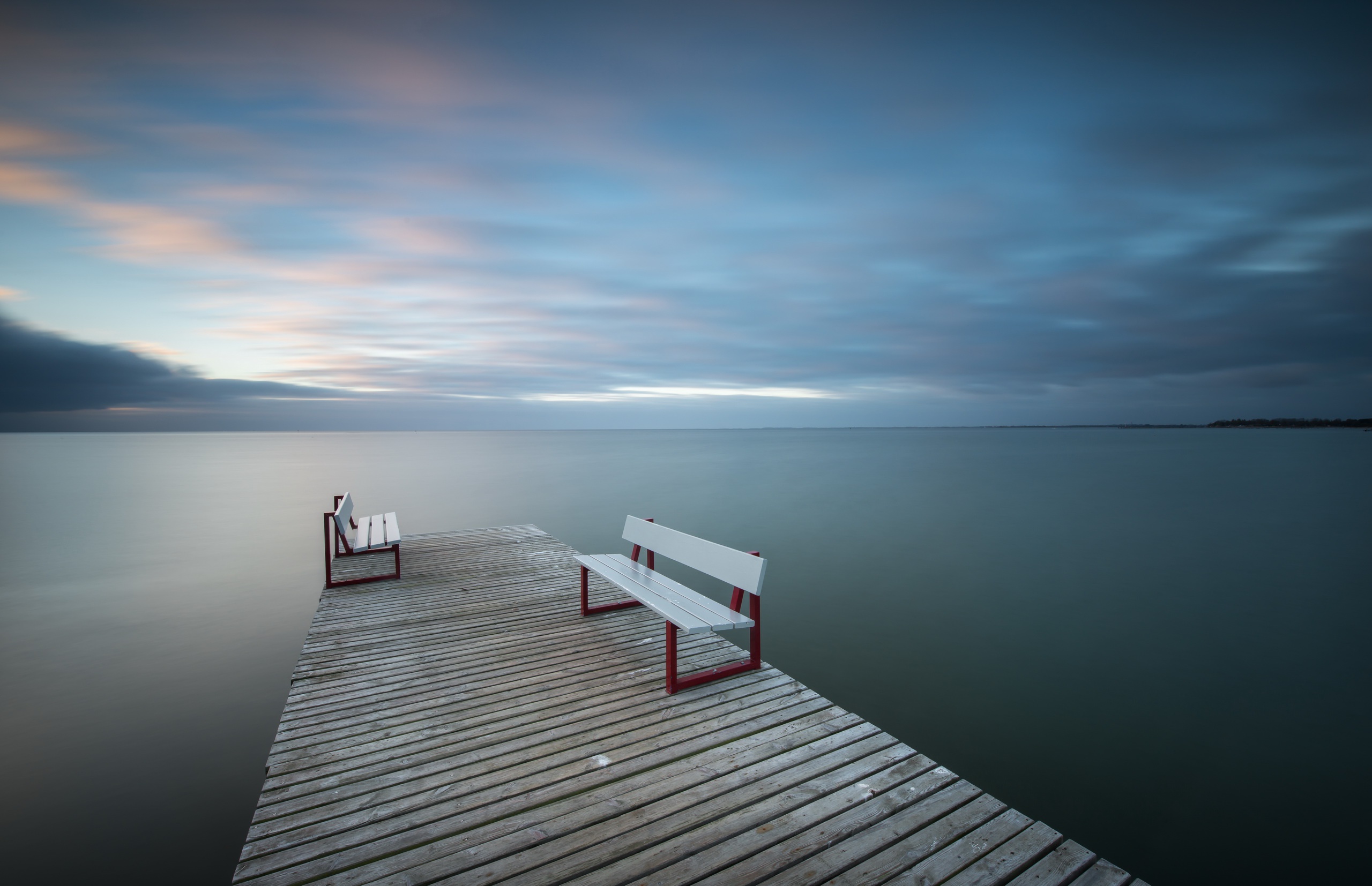pier, Water, Blue, Sky, Bench Wallpaper
