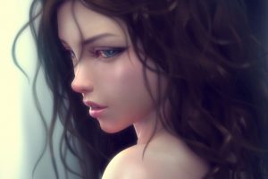 women, Blue eyes, Curly hair, Digital art