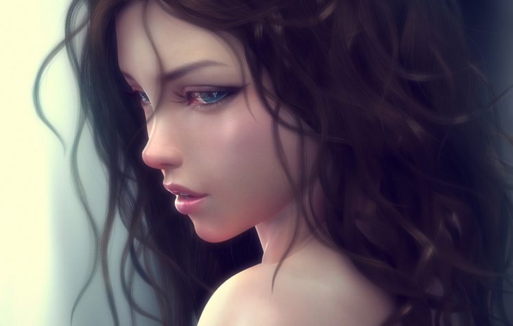 women, Blue eyes, Curly hair, Digital art HD Wallpaper Desktop Background