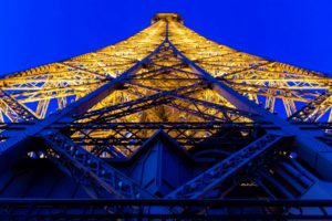 Paris, France, Eiffel Tower, Worms eye view, Blue, Yellow, Metal