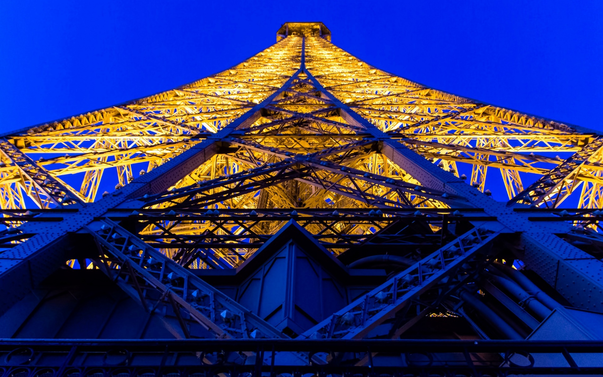 Paris, France, Eiffel Tower, Worms eye view, Blue, Yellow, Metal Wallpaper