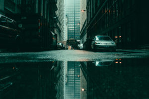 Daniel Lewis, Cityscape, Street, Puddle, Worms eye view