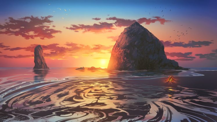 digital art, Sunset, Sea HD Wallpaper Desktop Background