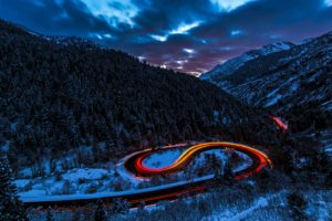 nature, Landscape, Road, Long exposure, Trees, Forest, Snow, Winter, Hairpin turns