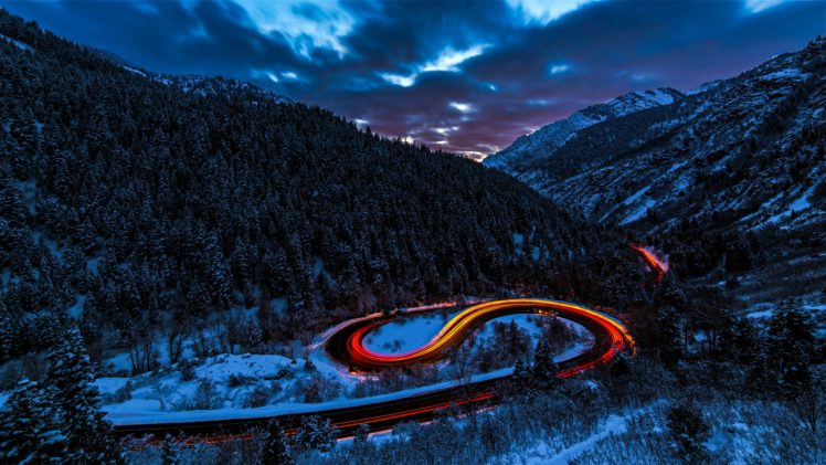 nature, Landscape, Road, Long exposure, Trees, Forest, Snow, Winter, Hairpin turns HD Wallpaper Desktop Background