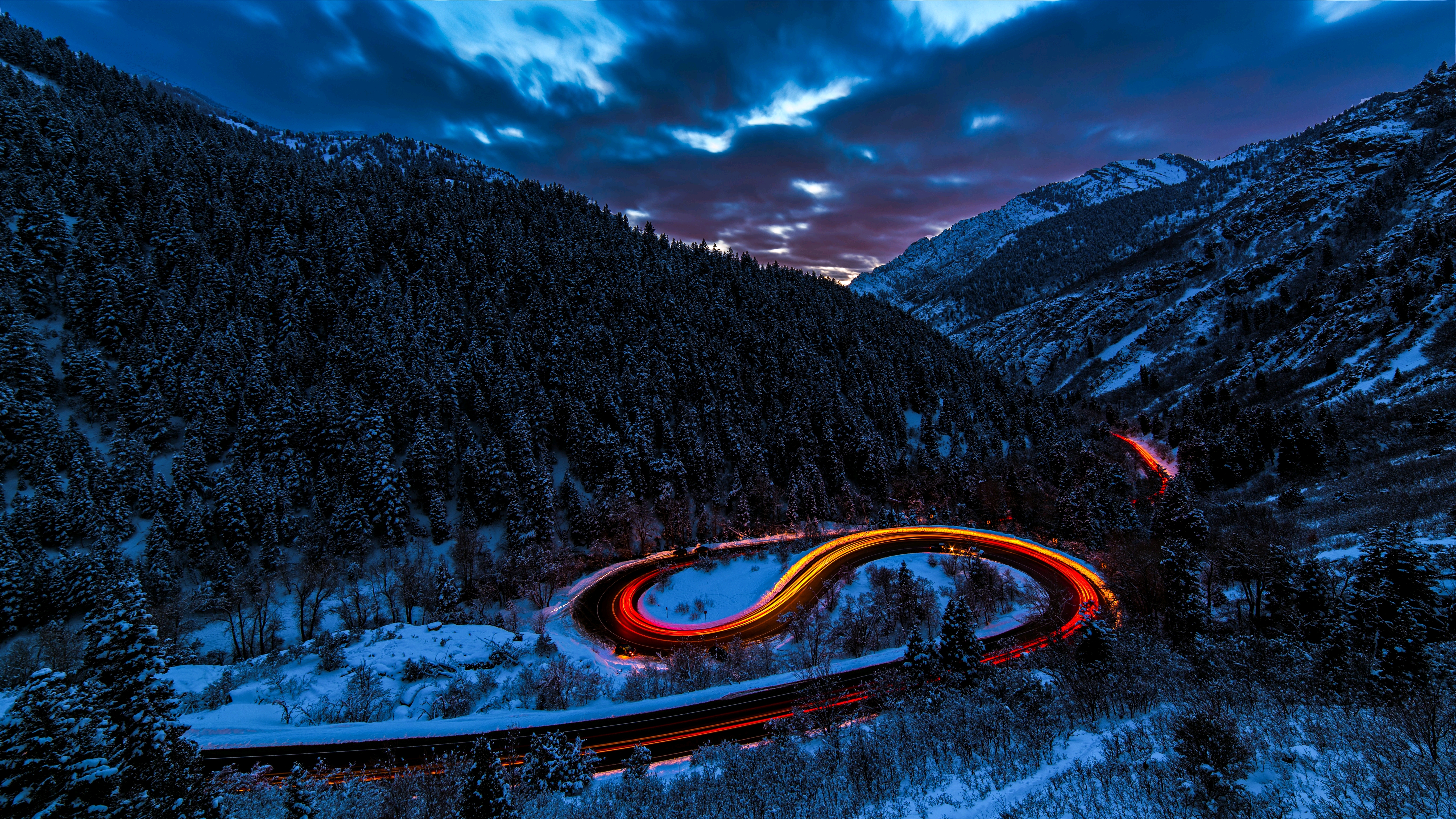 nature, Landscape, Road, Long exposure, Trees, Forest, Snow, Winter, Hairpin turns Wallpaper