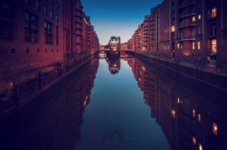 Sebastian Mrass, Canal,  warehouse, Reflection, Architecture, Watermarked HD Wallpaper Desktop Background
