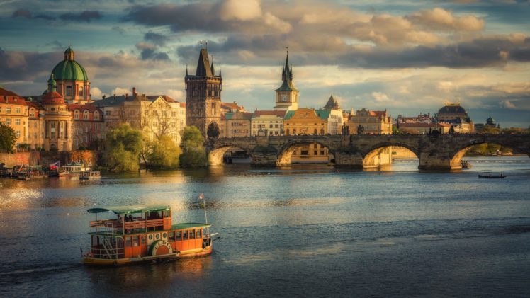 Prague, River, Cityscape, Vehicle, Bridge, Czech Republic, Charles Bridge, Elbe HD Wallpaper Desktop Background