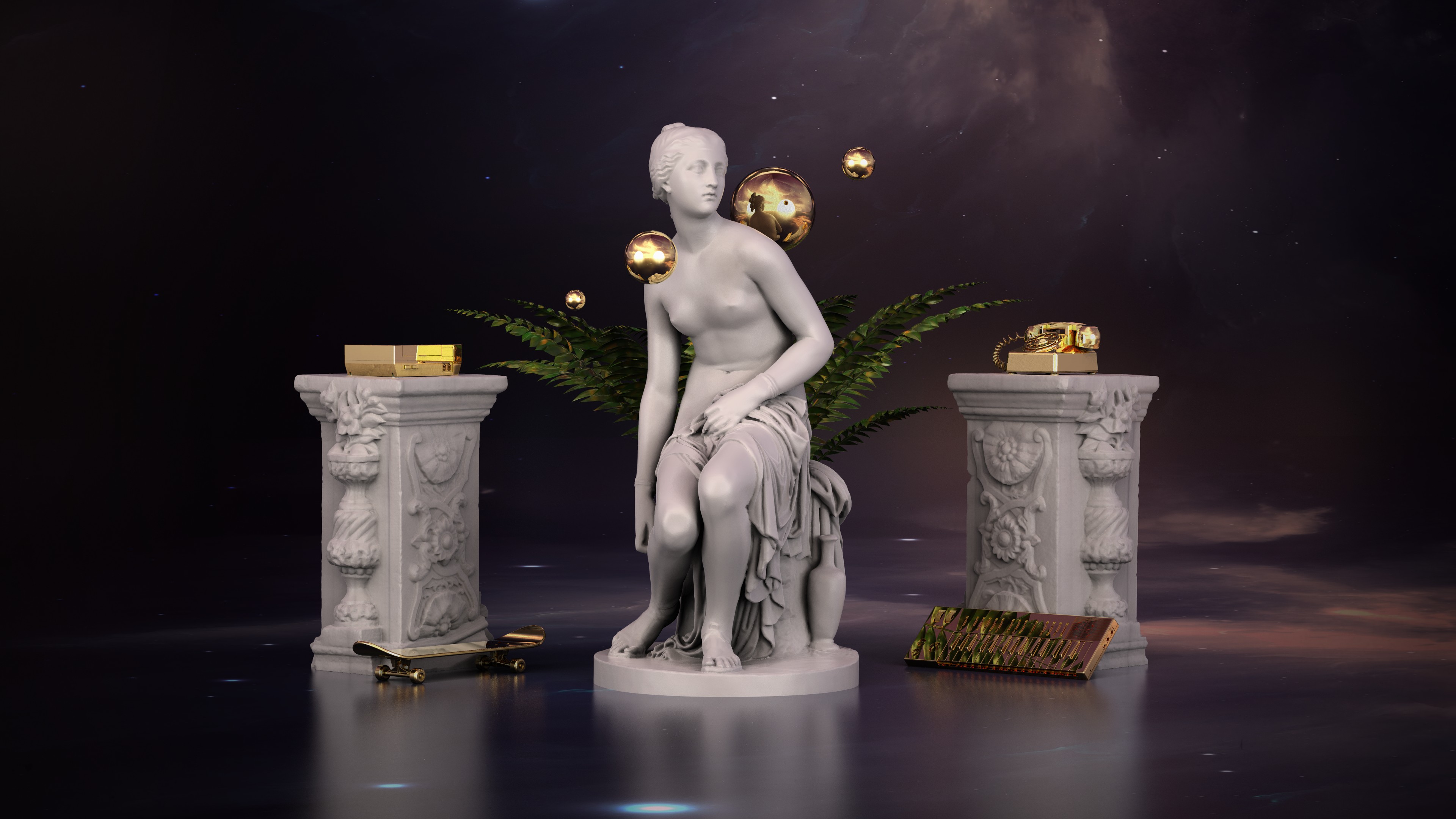 3D, Space, Marble, Gold, Nintendo Entertainment System, Skateboard, Piano, Synth, Phone, Statue, Ferns Wallpaper