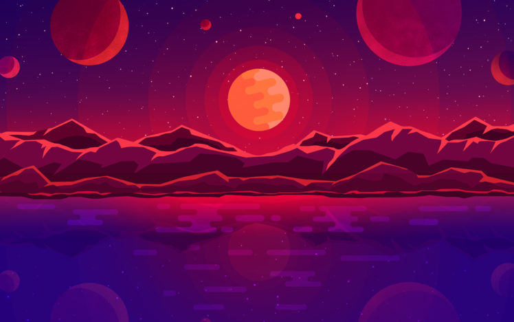 sunset, Artwork, Mountains, Sun, Stars HD Wallpaper Desktop Background
