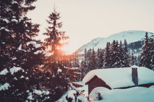 snow, Winter, Pine trees, Mountains, Cabin, Forest, Norway, Sun rays, Morning
