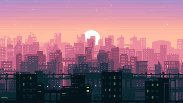 pixel art, City, Digital art, Sun HD Wallpaper Desktop Background