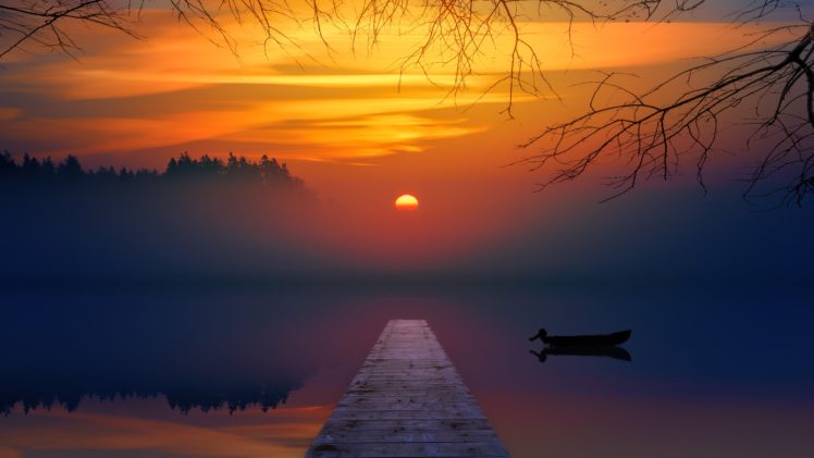 Johannes Plenio, Sunset, Colorful, Lake, Mist, Ports HD Wallpaper Desktop Background