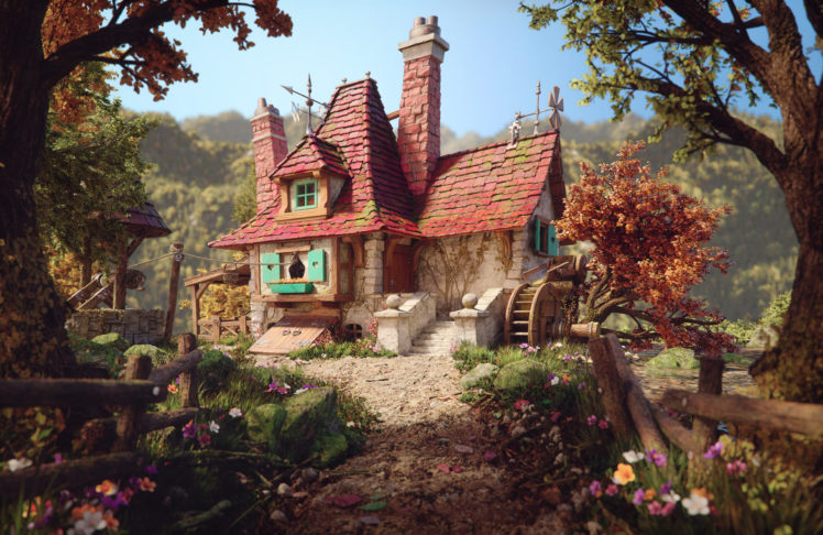 digital art, Garden, Farm, House, Trees, Flowers, 3D HD Wallpaper Desktop Background