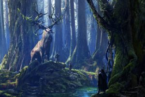 druids, Stags, River, Forest, Moss, Fantasy art, Digital art