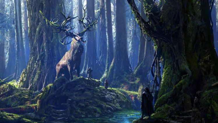 druids, Stags, River, Forest, Moss, Fantasy art, Digital art HD Wallpaper Desktop Background