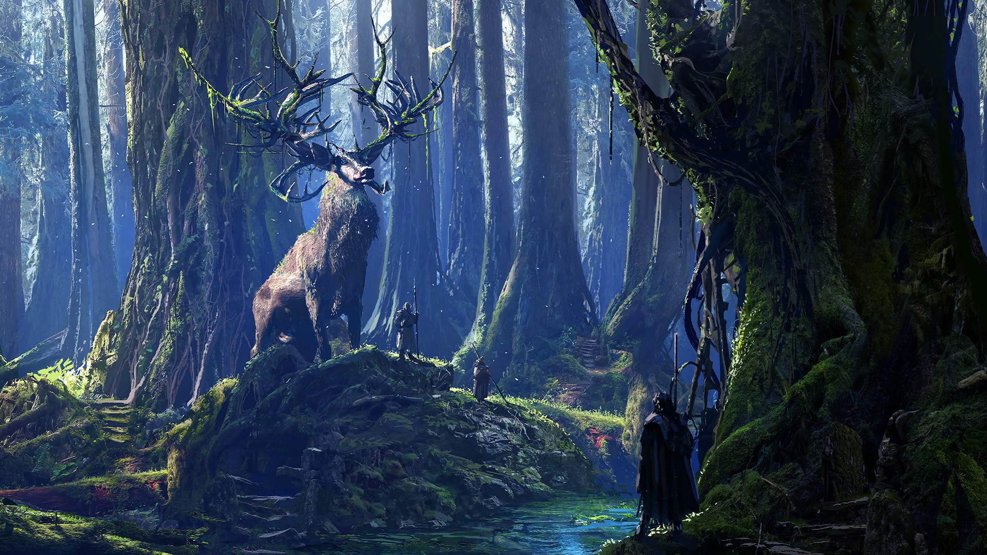 druids, Stags, River, Forest, Moss, Fantasy art, Digital art Wallpaper