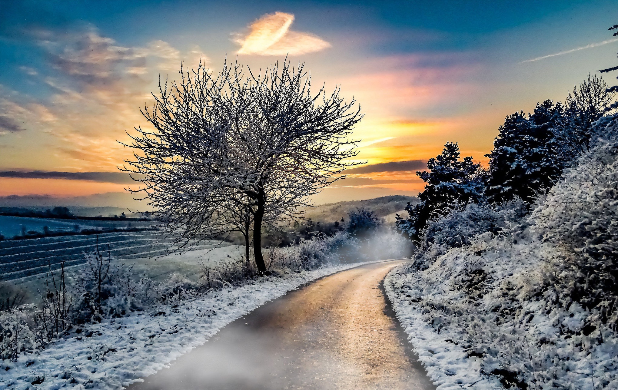 road, Winter, Snow, Landscape Wallpaper