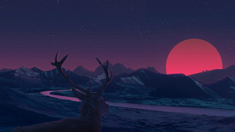 animals, Night, River, Landscape, Artwork HD Wallpaper Desktop Background