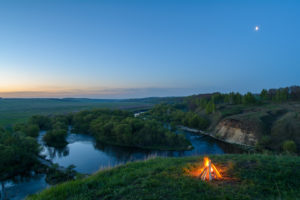 nature, Landscape, Moon, River, Trees, Clear sky, Hills, Campfire, Forest, Morning, Sunrise, Long exposure, Grass
