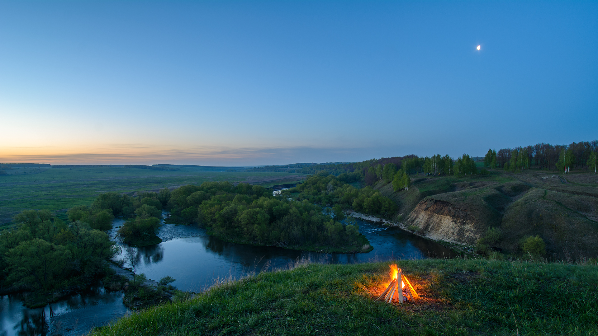 nature, Landscape, Moon, River, Trees, Clear sky, Hills, Campfire, Forest, Morning, Sunrise, Long exposure, Grass Wallpaper