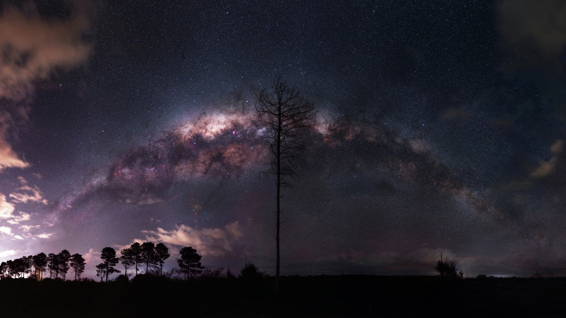 nature, Landscape, Night, Milky Way, Stars, Trees, Clouds, Silhouette, Long exposure Wallpaper