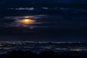 nature, Landscape, Night, Moon, Clouds, Cityscape, Lights, Hills, Trees, Silhouette