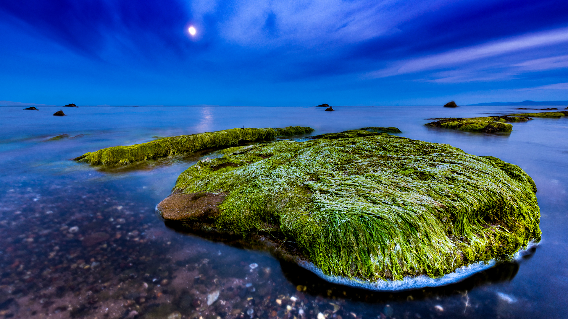 nature, Landscape, Night, Moon, Clouds, Scotland, UK, Sea, Seaweed, Horizon, Rock, Long exposure Wallpaper