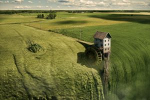 Erik Johansson, Nature, Landscape, Photoshop, Digital art, Surreal, House, Mill, Field, Clouds, Utility pole, Photo manipulation