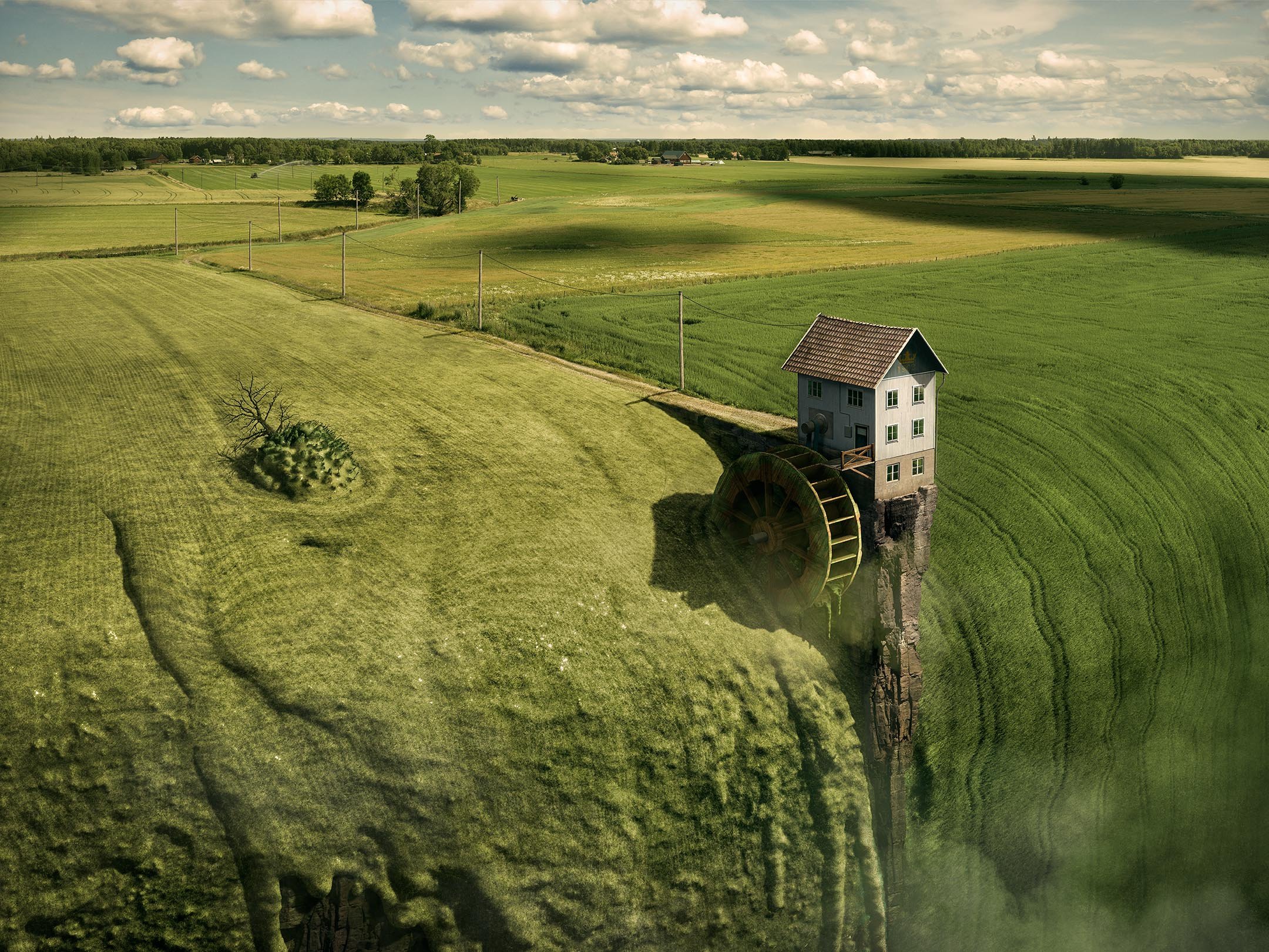 Erik Johansson, Nature, Landscape, Photoshop, Digital art, Surreal, House, Mill, Field, Clouds, Utility pole, Photo manipulation Wallpaper