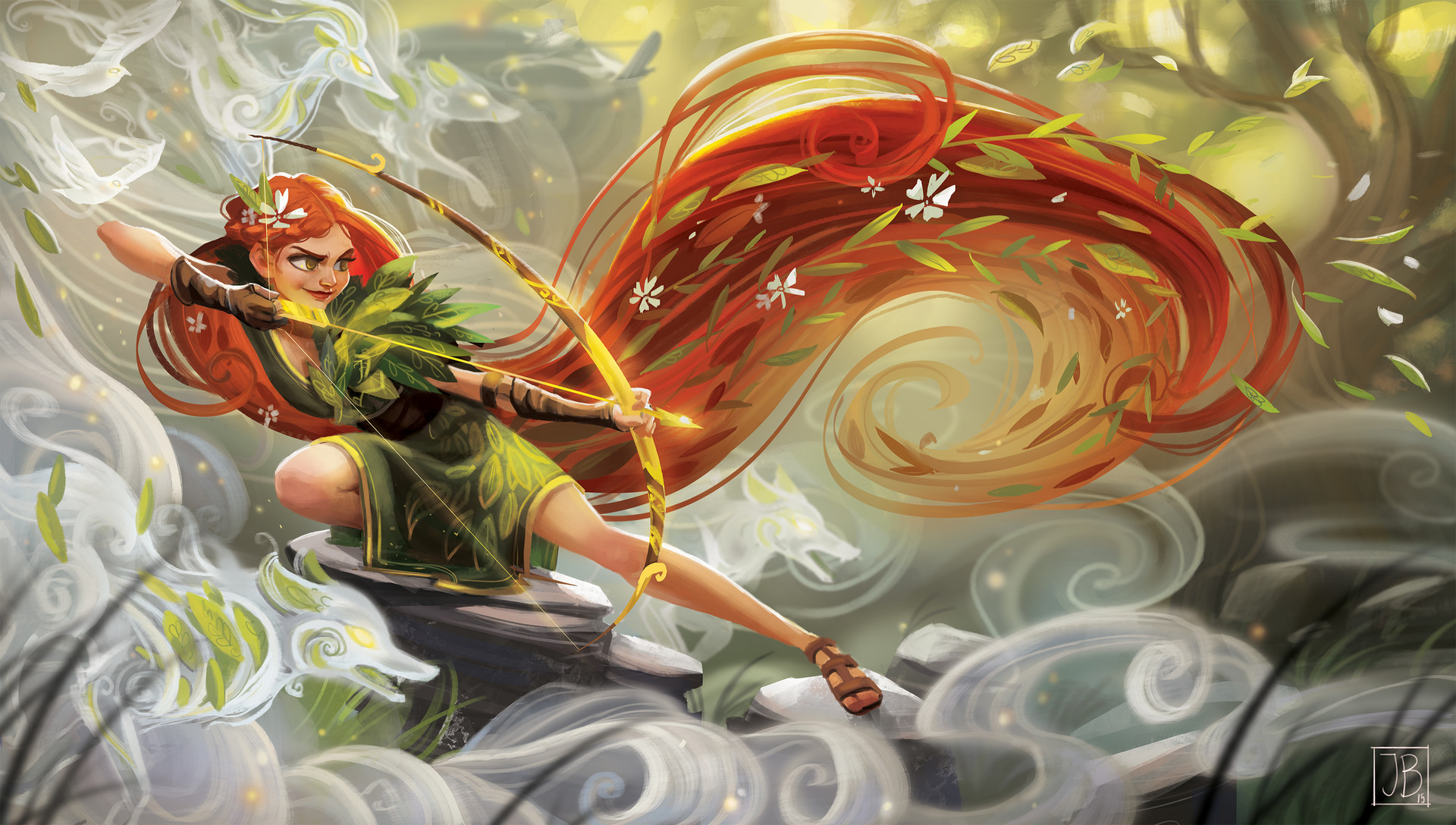 archer, Women, Redhead, Drawing, Clouds, Bow, Leaves, Rocks Wallpaper