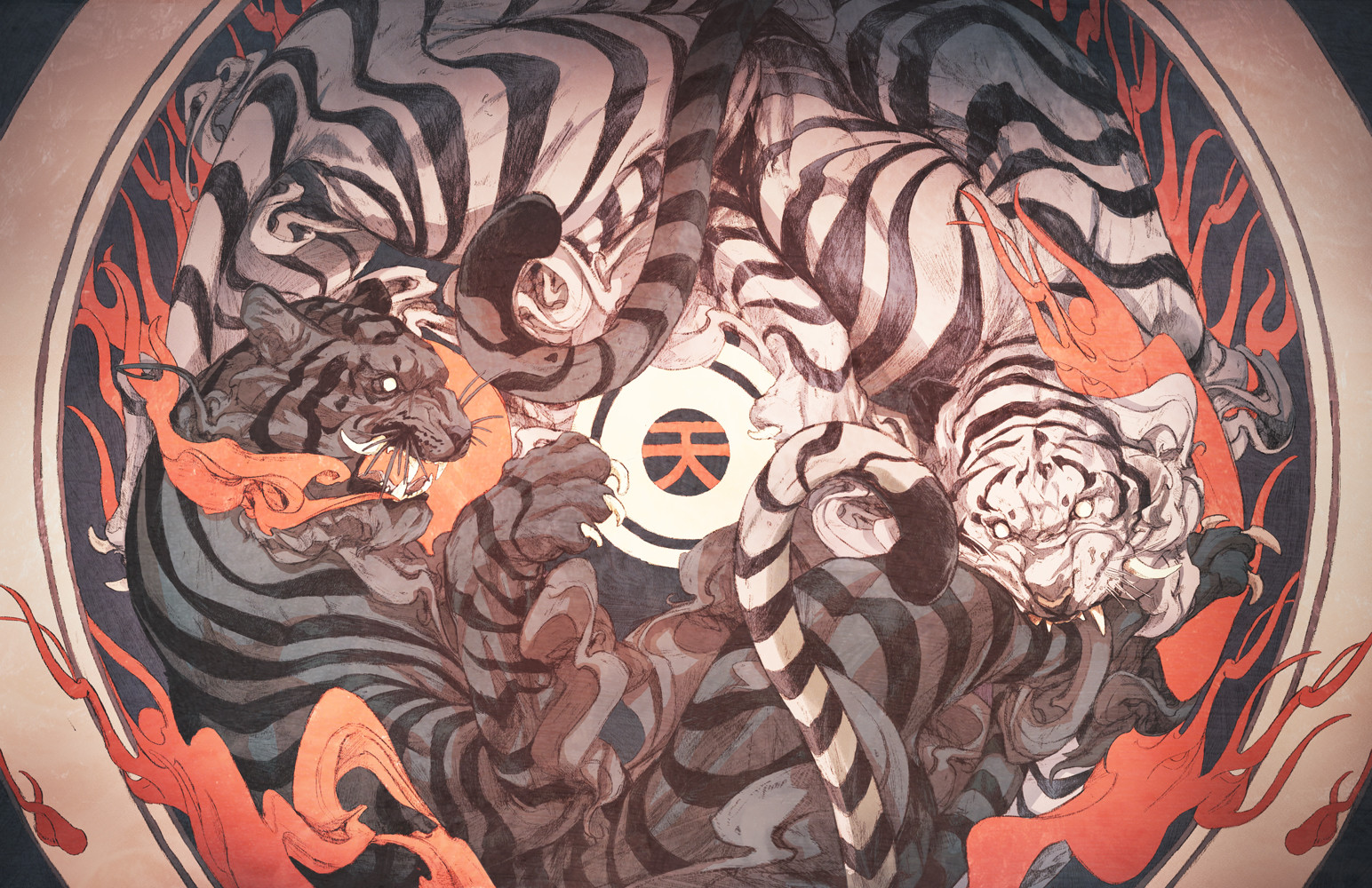 Yin and Yang, White tigers, Fire Wallpaper
