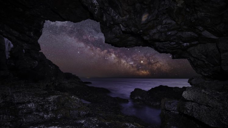 nature, Night, Stars, Milky Way, Sea, Rock, Rocks, Long exposure HD Wallpaper Desktop Background