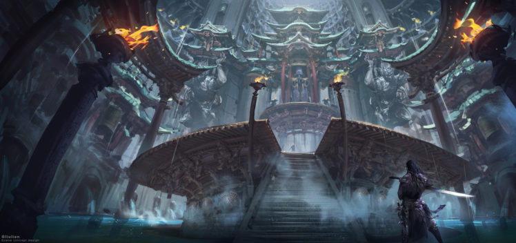 fantasy art, Mist, Temple, Fire, Sword HD Wallpaper Desktop Background