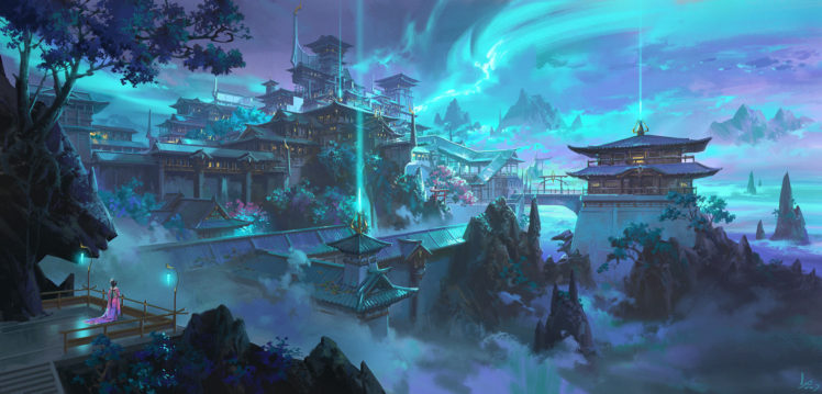 fantasy art, Mist, Temple, Blue, Mountains HD Wallpaper Desktop Background
