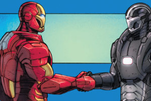 Tony Stark, Iron Man, Warmachine, Marvel Comics, Comics, Blue background, Handshake