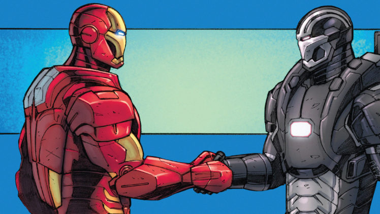 Tony Stark, Iron Man, Warmachine, Marvel Comics, Comics, Blue background, Handshake HD Wallpaper Desktop Background