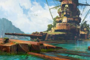 Battleship, Cannons, Rust, Overgrown, Island, Ship, Sea, Birds, Tropical
