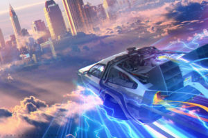The Time Machine, Back to the Future, DMC DeLorean, Flying, Artwork, Cityscape, Science fiction