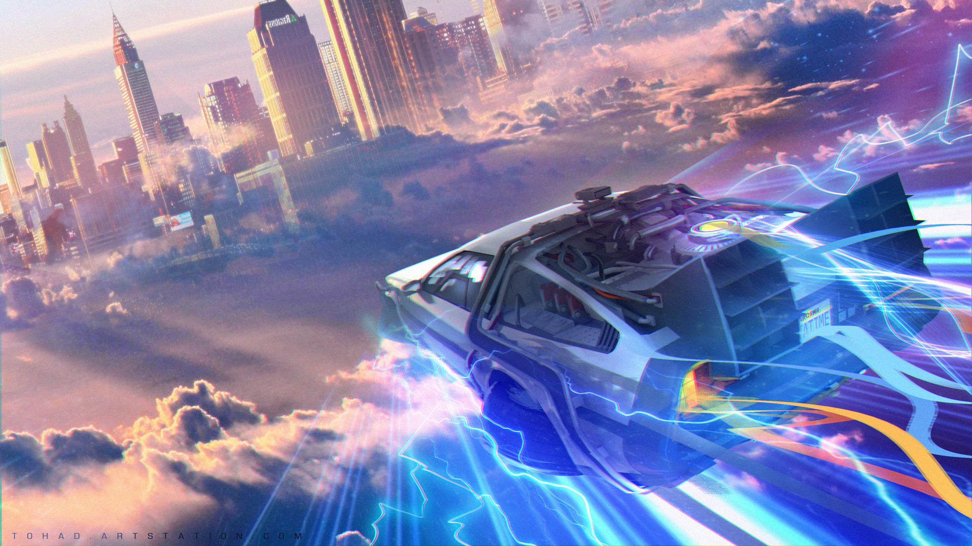 The Time Machine, Back to the Future, DMC DeLorean, Flying, Artwork, Cityscape, Science fiction Wallpaper