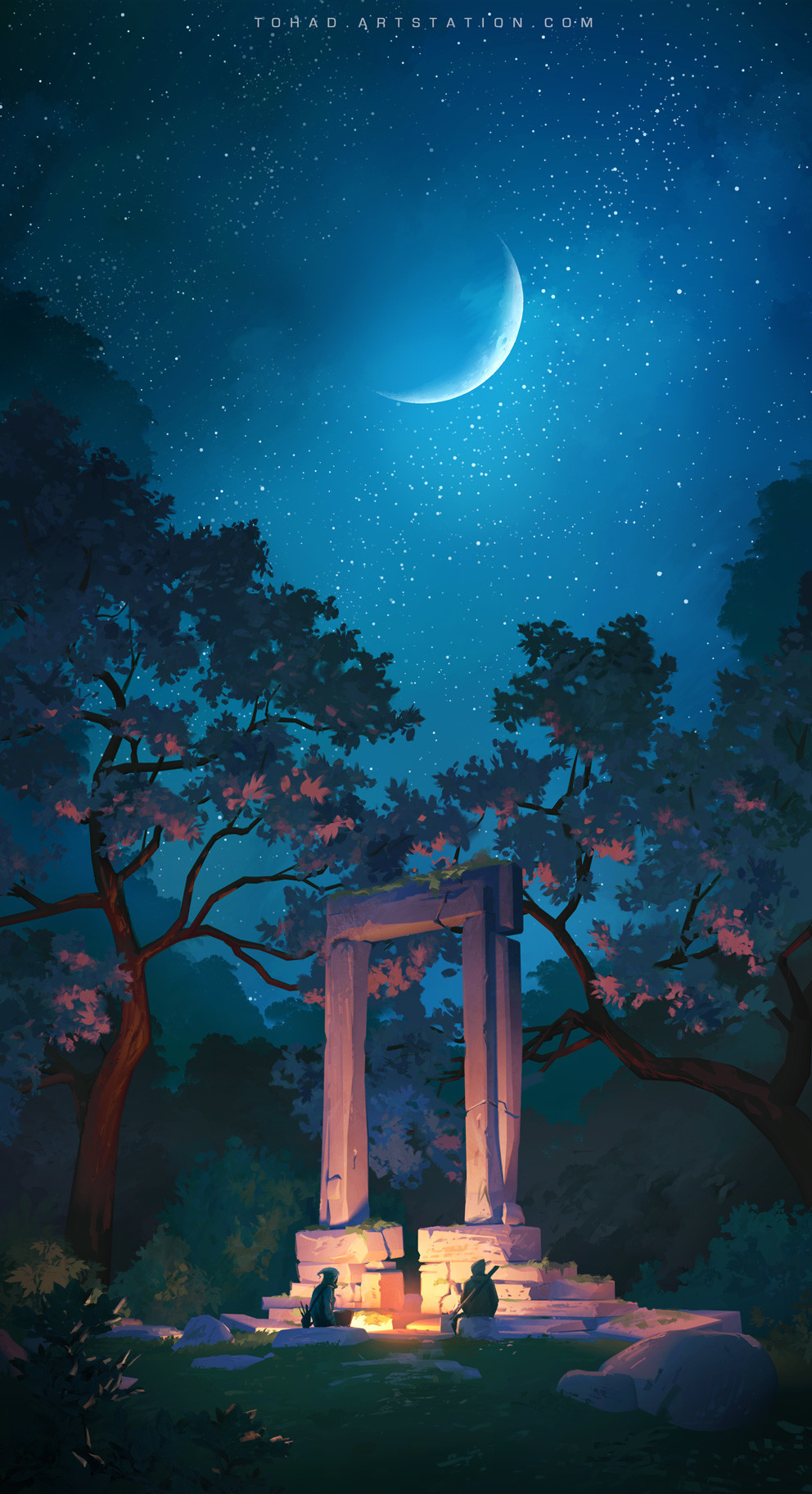 campfire, Stone, Trees, Moon, Forest, Hunters Wallpaper