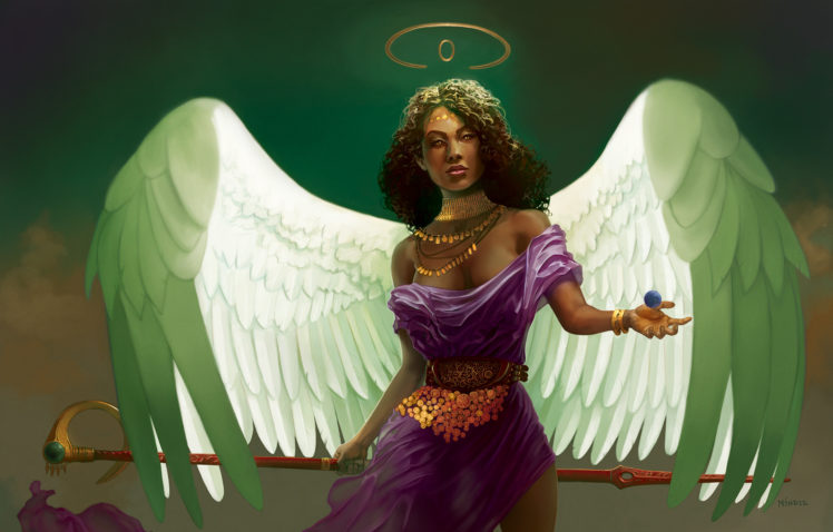 ebony, Women, Angel, Dress, Wings, Staff HD Wallpaper Desktop Background
