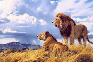 lion, Feline, Artwork, Landscape, Animals, Mountains, Clouds, Sky