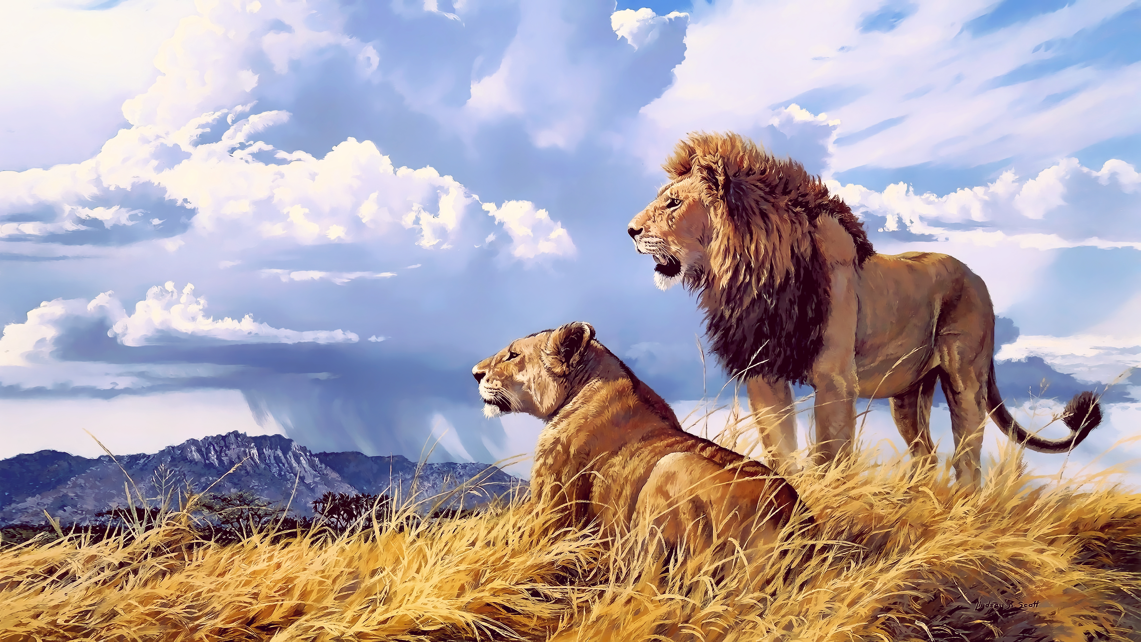 lion, Feline, Artwork, Landscape, Animals, Mountains, Clouds, Sky Wallpaper