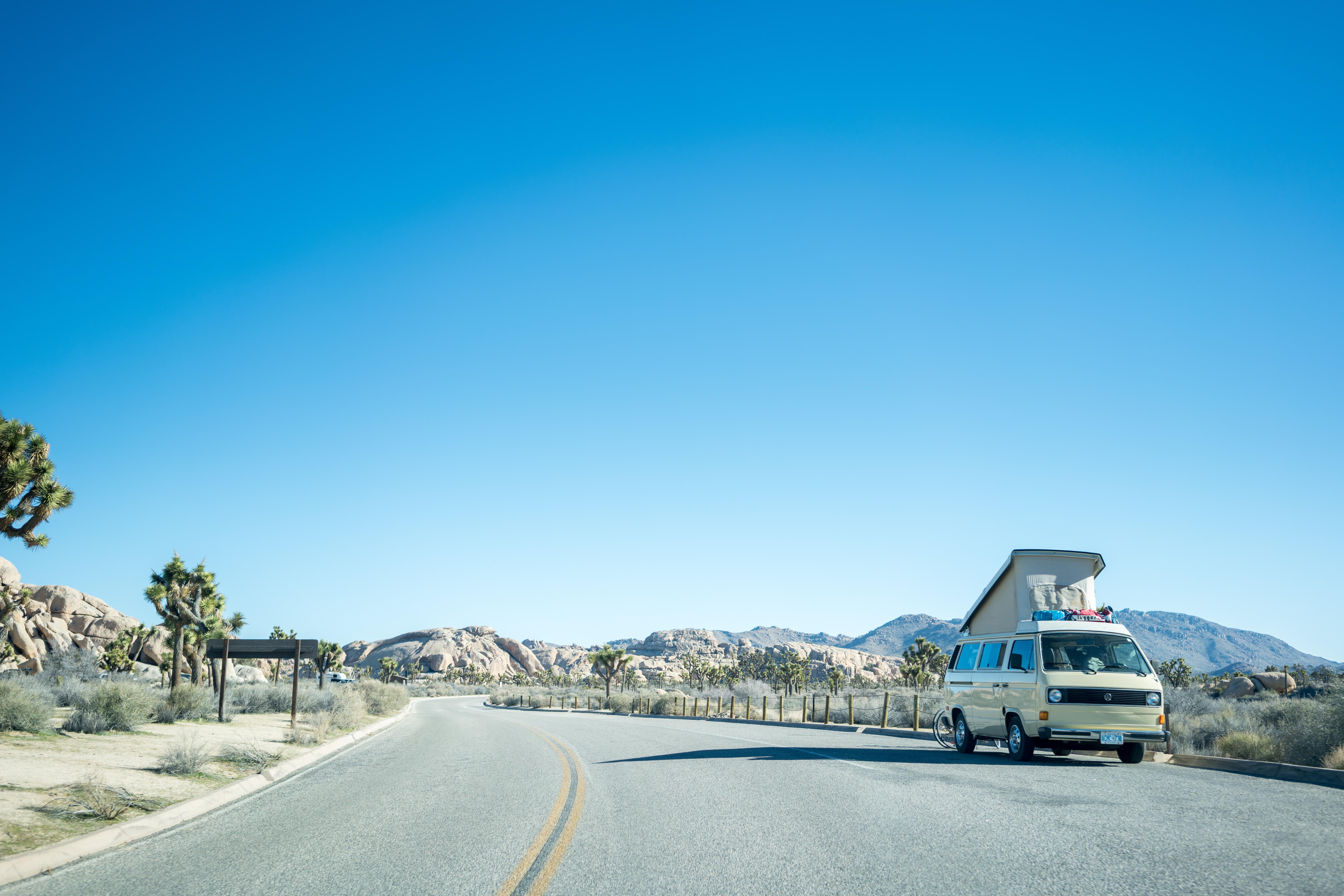 road, Volkswagen, Desert, Mountains, Clear sky, Blue, Ontario Wallpaper