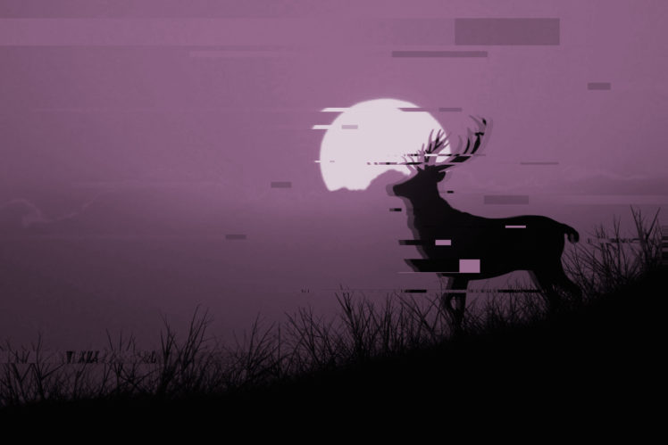animals, Moon, Sky, Glitch art, Deer, Horns, Grass HD Wallpaper Desktop Background