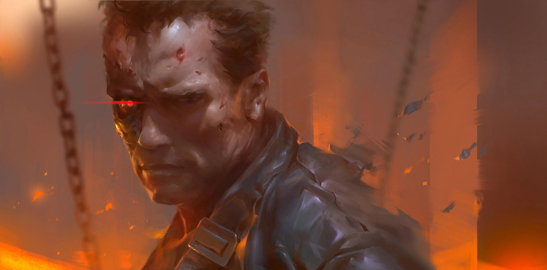 Arnold Schwarzenegger, Terminator 2, T 800, Cyborg, Chains, Fire, Drawing Wallpaper