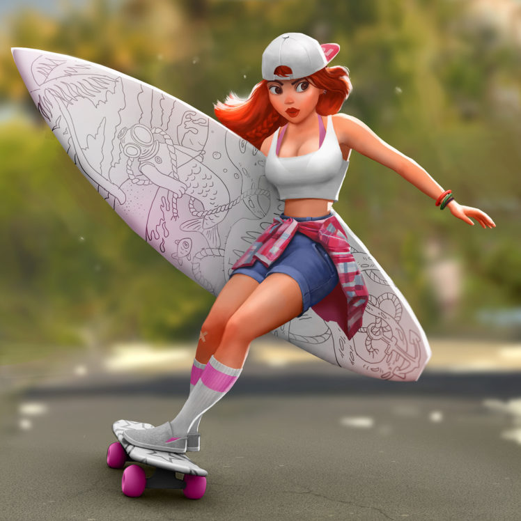 surfers, Redhead, Women, White Board, Jean shorts, Skate HD Wallpaper Desktop Background