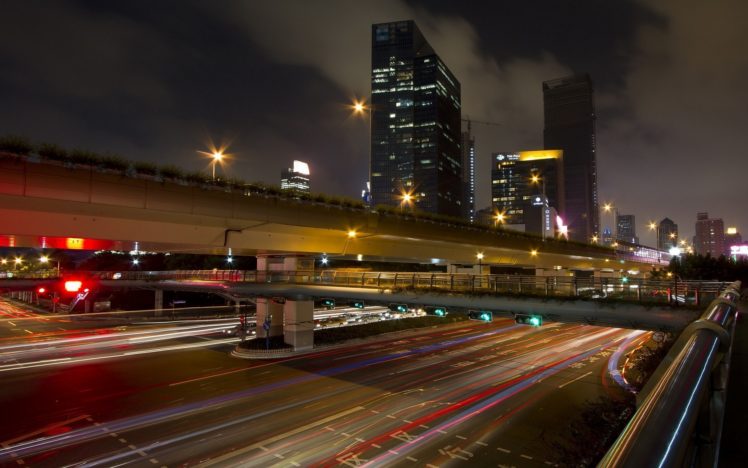 city, Long exposure, Traffic lights, Bridge, Shanghai HD Wallpaper Desktop Background